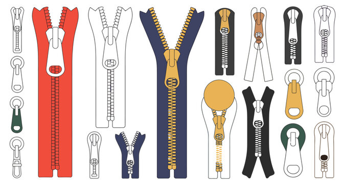 Title 1:
Zipper icons featuring open and closed fasteners, zipper pulls, sewing accessories, clothing closures, and tailoring elements in flat vector style.
