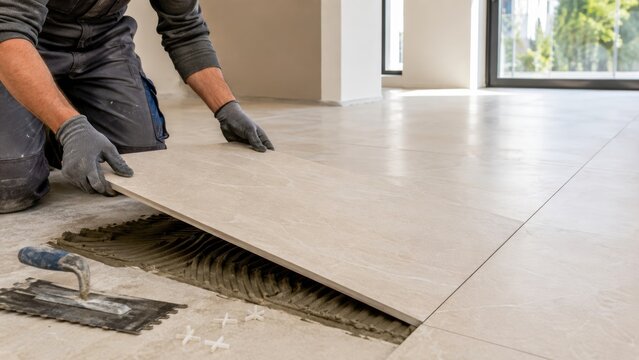 Man worker installing large ceramic floor tile on adhesive with notched trowel and spacers. Tiling and flooring renovation work in modern home interior. Professional craftsmanship and repair concept.