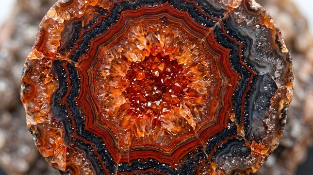 Fiery Orange and Red Agate Geode Slice with Quartz Crystal Center Mineral Stone Background