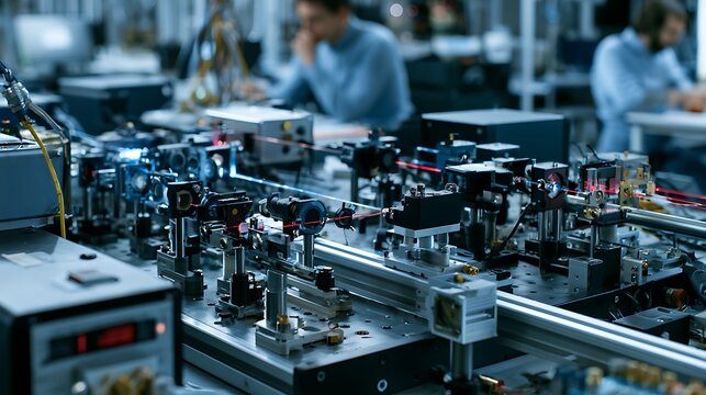 Optical physics experiment with laser equipment in a modern scientific research laboratory.