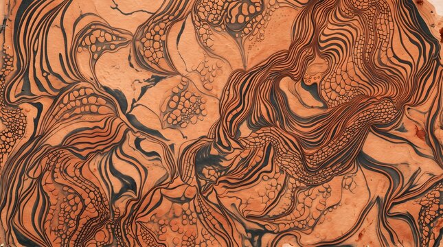 Rose Gold Copper Line Art Swirl Texture on Tan Nude Background Ebru Marbled Pattern