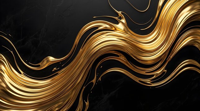 Dynamic 3D Molten Liquid Gold Stream Ribbon Waves Flowing on Dark Charcoal Background