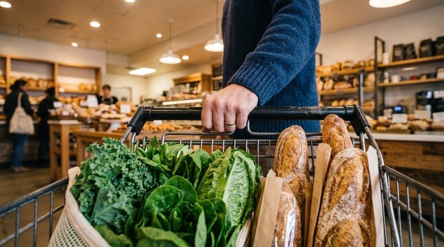 Man pushing shopping cart with fresh green lettuce, spinach, kale and baguette bread in grocery store. Healthy food shopping and supermarket grocery purchase concept for balanced diet and nutrition.