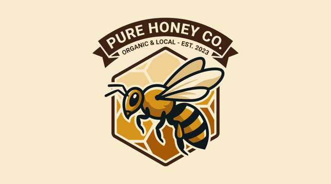 An attractive logo for Pure Honey Co. featuring a bee and honeycomb design symbolizes the sweetness and organic quality of local honey products.