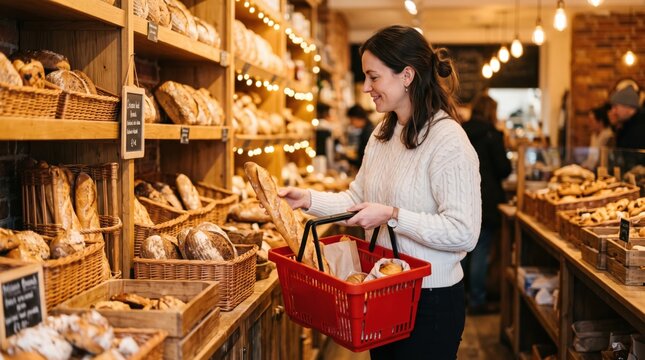 Woman with red shopping basket choosing fresh baguette bread in bakery store. Smiling customer buying organic artisan loaves at cozy grocery shop. Local food shopping