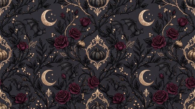 Gothic halloween pattern features roses bats pumpkins and crescent moons