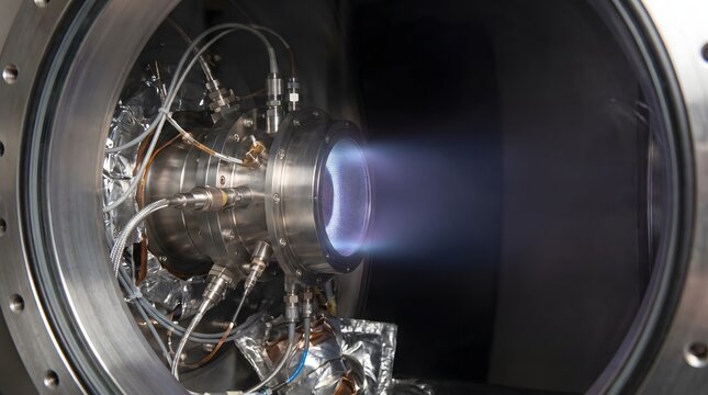 Ion thruster engine operating inside a vacuum test chamber