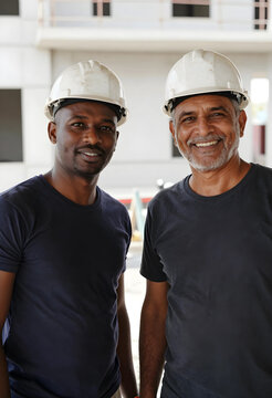 Diversity and inclusion in construction, diverse male team of engineers and builders wearing hard hats at a building site for infrastructure development