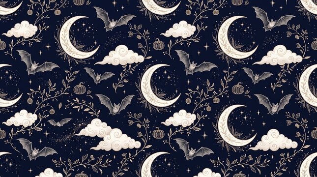 Halloween celestial pattern features crescent moons bats and pumpkins on a dark background