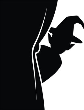 Silhouette of Witch or Wizard Peeking from Behind Curtain Mysterious Character Vector Illustration