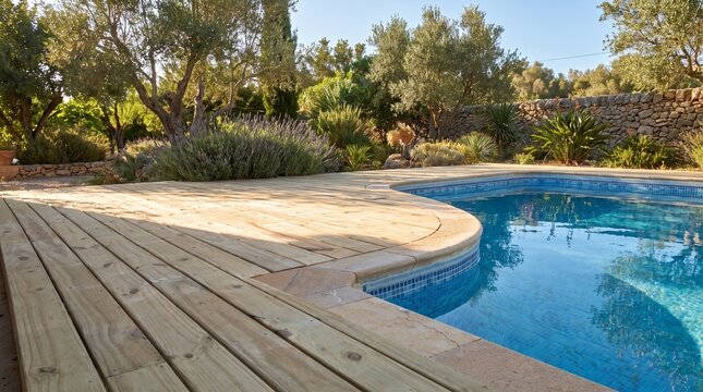 Treated pine wood deck surrounds a sparkling blue swimming pool in a sunny garden