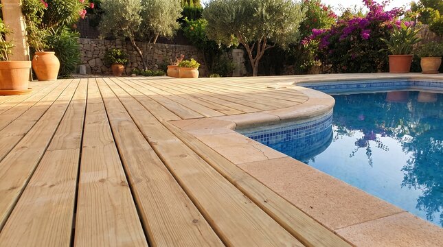 Beautiful treated pine wood deck surrounding a sparkling blue swimming pool