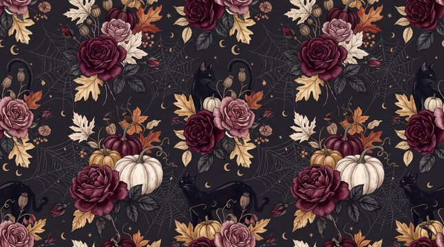 Floral ornament with pumpkins black cats and crescent moons on a dark background