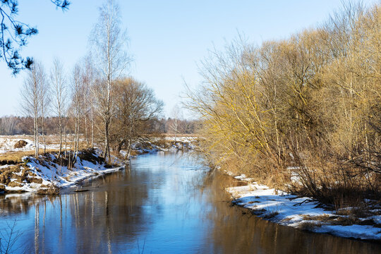 River with icy willows and bright sky. Calm water flows through snowy trees under blue sky