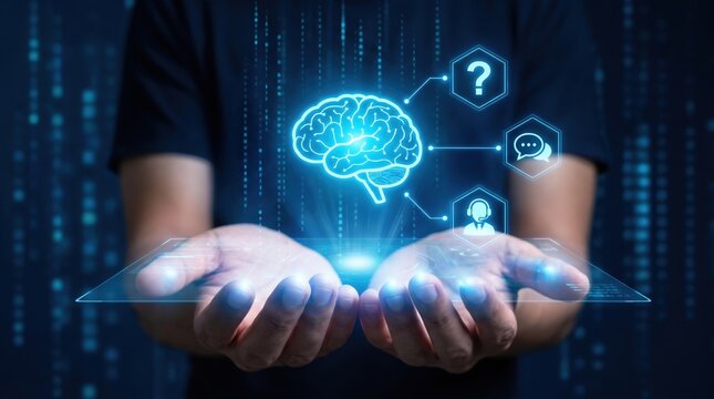 Artificial intelligence concept with glowing brain and speech recognition technology