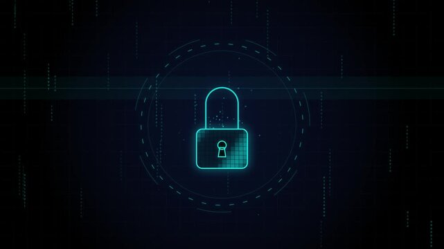 Cyber Security Glowing Padlock Icon and Binary Code Background - Motion Graphic