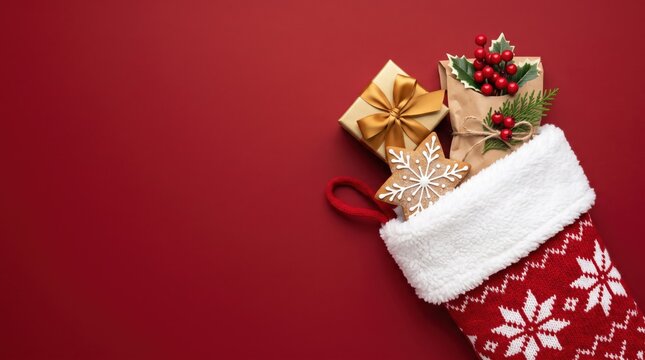 Christmas stocking with gifts, gingerbread cookie and holly berry on red background. Festive holiday present concept with copy space for greeting card and seasonal banner.