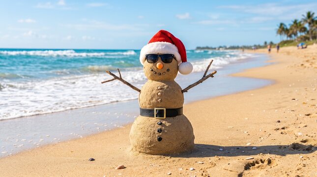 Sand snowman wearing santa hat and sunglasses on tropical beach. Funny christmas concept with beach vacation in warm countries. New year celebration in summer, holiday travel and tropical paradise