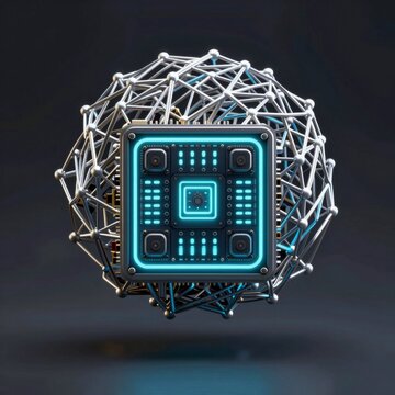 rendering spherical object blue black color scheme object appears series interconnected lines dots creating lattice like structure center object square shaped panel grid like pattern middle panel has