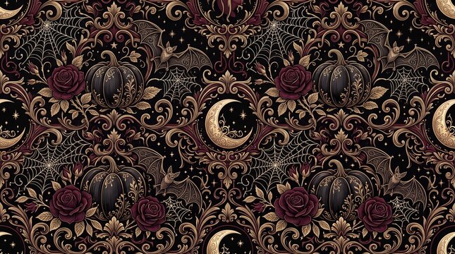 Halloween floral pattern features pumpkins bats roses and crescent moons