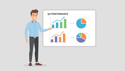 Obraz premium Successful young male manager presenting q4 performance company financial report charts on white presentation board.