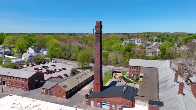 Barton Mills Complex building aerial view on Mill River in city of Taunton, Bristol County, Massachusetts MA, USA. 