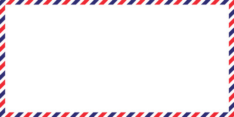 Fototapeta premium Airmail Envelope frame images with strips. International vintage letter border. Retro air mail postcard with blue and red stripes. Empty classic postal frame. Vector illustration