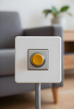 Emergency alert and panic button, home safety and security system, medical alarm for elderly care and personal assistance in a residential living room