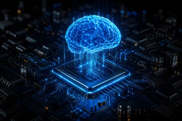 Fototapeta premium Digital brain on circuit board with glowing blue data streams