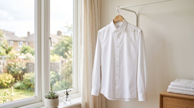 White dress shirt hanging by a window in a bright room  