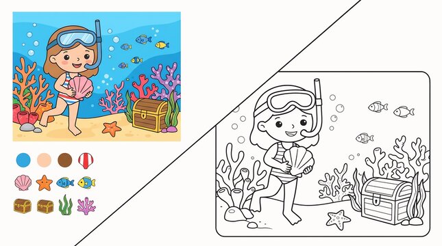 Coloring page for children with a cute girl snorkeling underwater and finding a treasure chest in the ocean