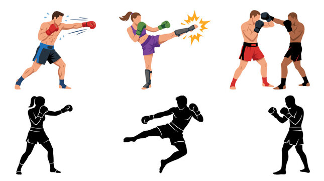 Set of vector collection featuring different styles of kickboxers and combat action scenes, including punching, kicking, blocking, defensive stances, jumping kicks, and fighting poses