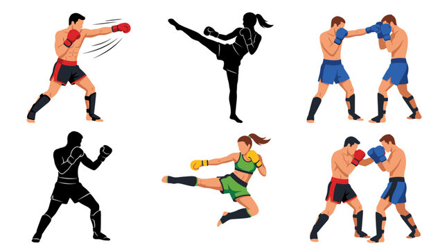 Professional vector collection featuring different styles of kickboxers and combat action scenes, including punching, kicking, blocking, defensive stances, jumping kicks, and fighting poses