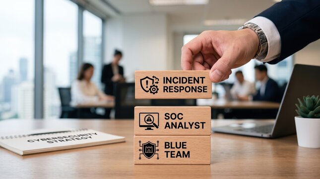 A business professional stacking wooden blocks labeled incident response soc analyst and blue team in an office setting