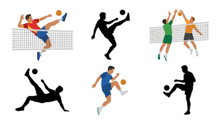 Professional vector collection featuring different styles of Sepak Takraw players and action scenes, including spectacular kicks, jumping, serving, spiking, blocking, and acrobatic ball movements © mehdik