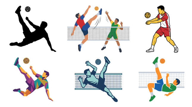 Professional vector collection featuring different styles of Sepak Takraw players and action scenes, including spectacular kicks, jumping, serving, spiking, blocking, and acrobatic ball movements