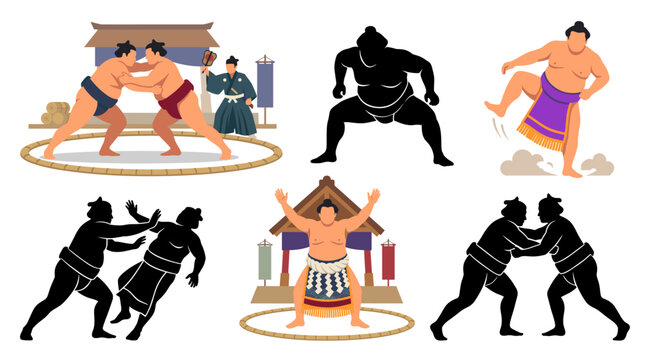 Set of vector collection featuring different styles of sumo wrestlers and traditional sumo wrestling action scenes, including powerful stances, pushing, grappling, charging, ceremonial poses