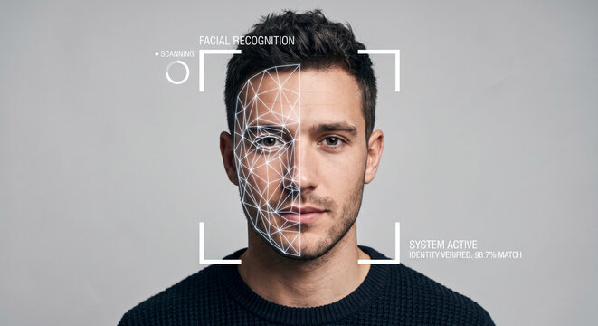 Man undergoing biometric facial recognition scan for secure digital user authentication and identity verification.