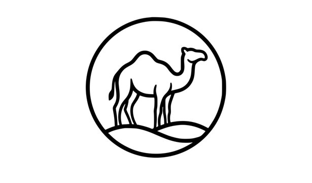 Camel desert emblem logo with circular frame black outline vector template