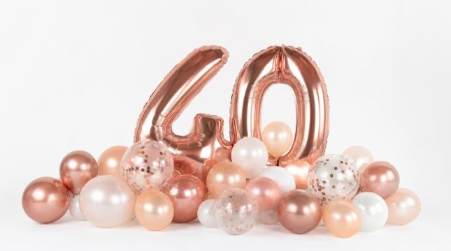 Ros&eacute;gold Folienballon Zahl 40 mit Luftballons zur Geburtstagsfeier