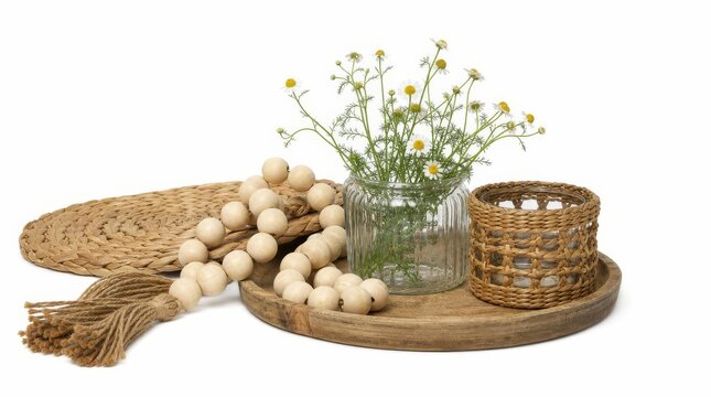 Rustikales Dekotablett mit Kamille, Holzperlen und Flechtkorb
