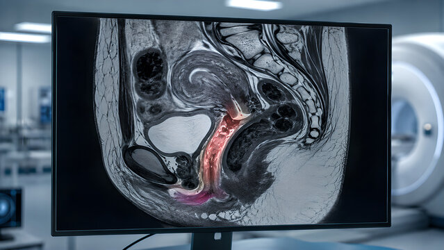 Vaginitis radiology concept showing inflamed vaginal tissue on pelvic MRI, early-stage female reproductive condition visualization for healthcare, medical education, radiology and patient education