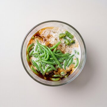 Top View of Cendol Indonesian Dessert with Green Jelly Coconut Milk and Ice AI Generated