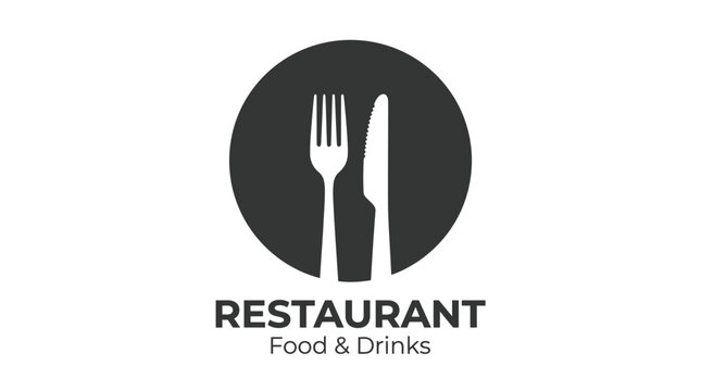Minimalist restaurant logo design featuring a simple white fork and knife inside dark circular icon
