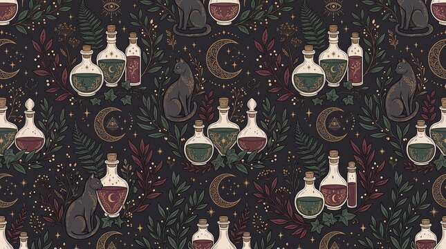 Halloween botanical pattern with potion bottles black cats and crescent moons