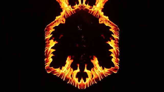 A glowing geometric hexagon frame made of bright orange fire flames