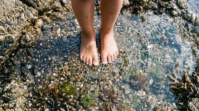 Childs bare feet standing in a shallow tidal pool filled with pebbles and seaweed