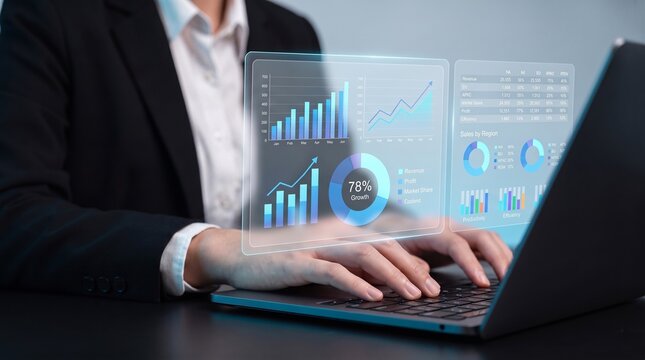 financial growth analysis and revenue tracking. business performance dashboard visualization. data driven decision making. executive typing on laptop with holographic growth charts.


