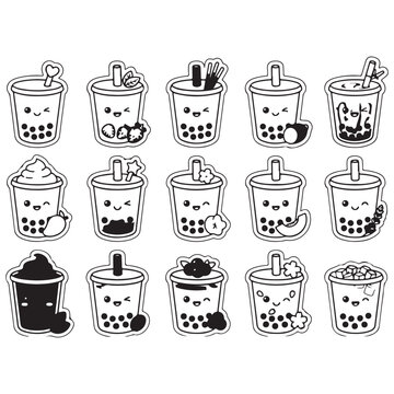 Cute Kawaii Bubble Tea and Boba Drinks Outline Vector Icons Set