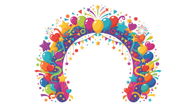 Festive arch vector illustration featuring colorful balloons bright confetti dangling stars and celebratory ribbons arranged in a decorative semi-circular frame perfect for party invitations birthdays